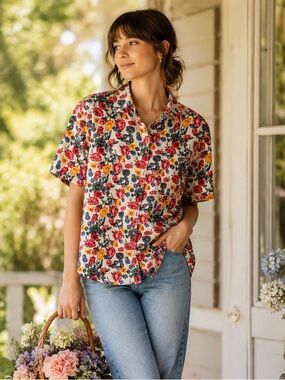 Vintage 90s Bechamel Linen Cotton Floral Button Up Shirt med Cottagecore hawaiin